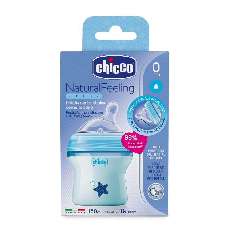 Μπιμπερό πλαστικό, θηλή σιλικόνης Chicco Natural Feeling 150ml Μπλε