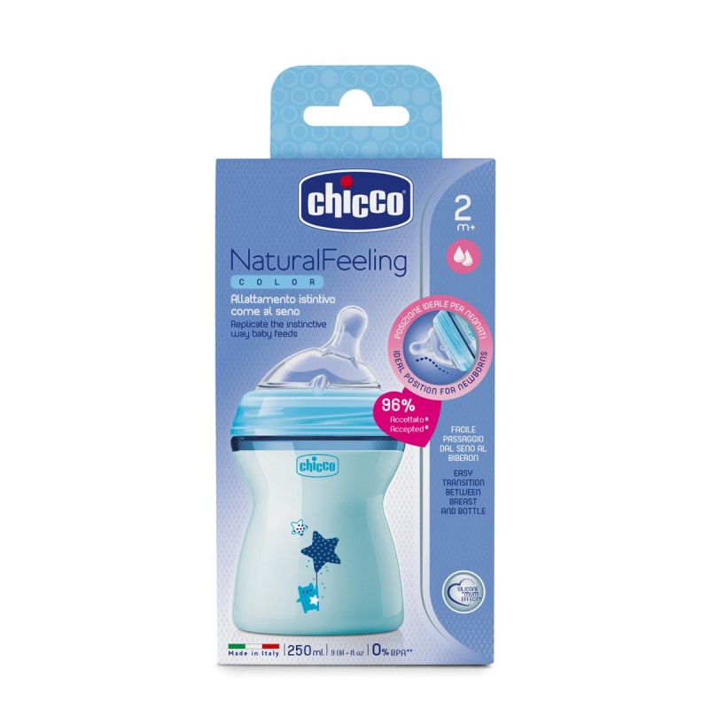 Μπιμπερό πλαστικό, θηλή σιλικόνης Chicco Natural Feeling 250ml Μπλε
