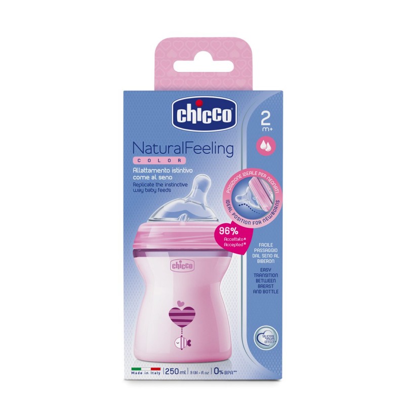 Μπιμπερό πλαστικό, θηλή σιλικόνης Chicco Natural Feeling 250ml Ροζ